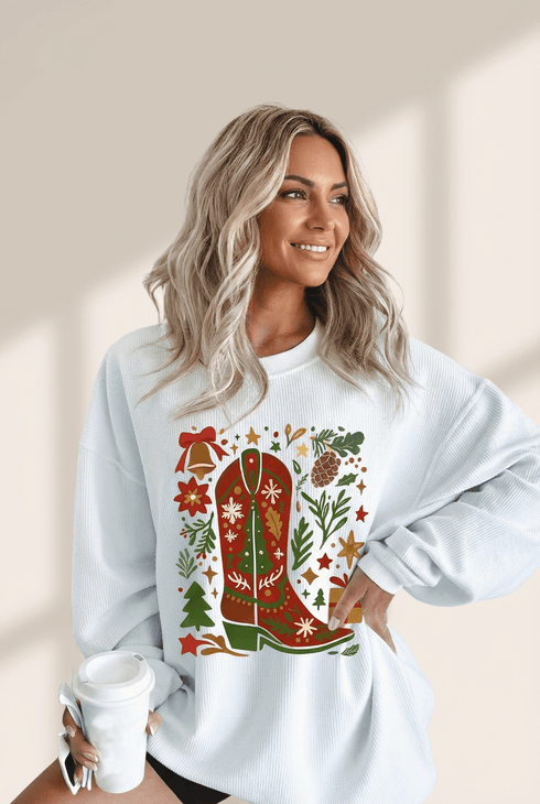 Women's Western Christmas Boot Fleece Sweatshirt