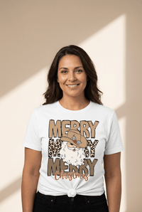Women's Western Santa Graphic Tee: Leopard Print Merry Christmas