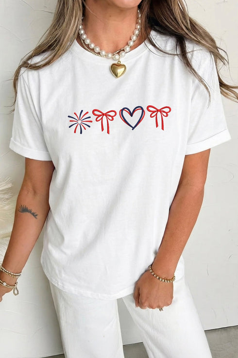 Women's White Bow Embroidered T-Shirt for July 4th - Cute and Festive Summer Top for Celebrating Independence Day