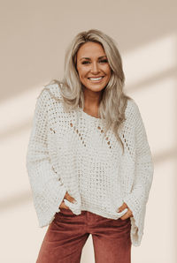 Women's White Cotton-Blend Wide Sleeve Crochet Pullover