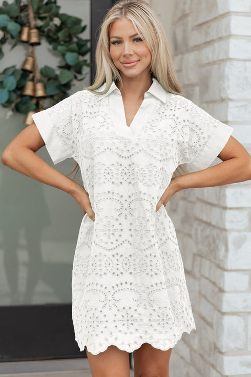 Women's White Eyelet Mini Dress - Chic Embroidered T-Shirt Style for Effortless Summer Style and Comfort