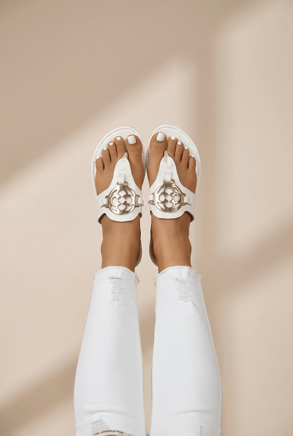 Women's White Filigree Thong Sandals with Gold Metal Accents