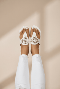 
Women's White Filigree Thong Sandals with Gold Metal Accents