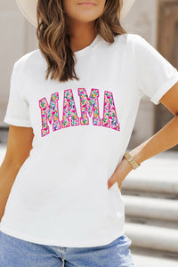 White Floral MAMA Lettering Printed Tee