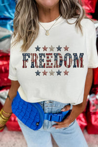Women's White FREEDOM Patriotic Letter Print Crew Neck T-Shirt - Casual Fit, Comfortable Style for Everyday Wear