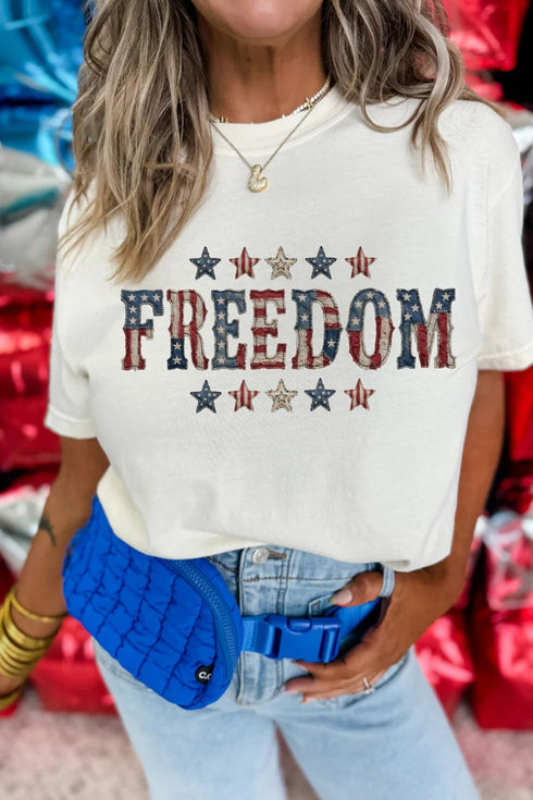 Women's White FREEDOM Patriotic Letter Print Crew Neck T-Shirt - Casual Fit, Comfortable Style for Everyday Wear