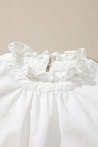 White Frilled Collar Flutter Sleeve Denim Top