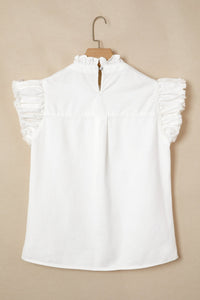 White Frilled Collar Flutter Sleeve Denim Top