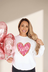 Women's White Heart Print Pullover Sweatshirt with Gold Glitter Trim