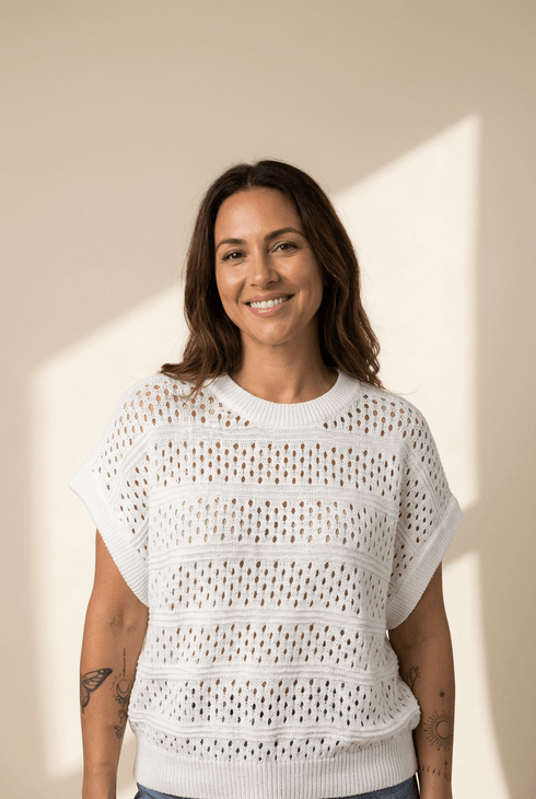 Women's White Hollow Out Pointelle Knit Dolman Sleeve Sweater
