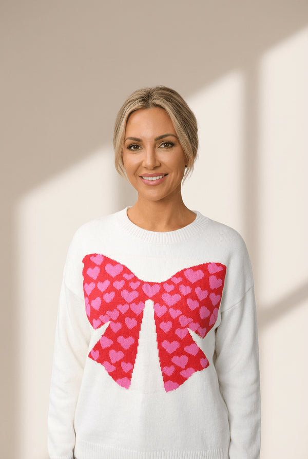 Women's White Intarsia Heart Bow Crewneck Sweater
