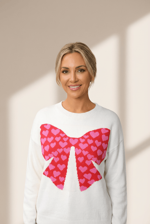 Women's White Intarsia Heart Bow Crewneck Sweater