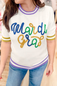 Women's White Mardi Gras Tinsel Script Short Sleeve Sweater