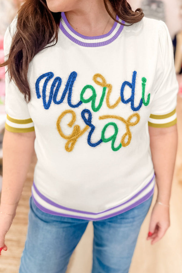 Women's White Mardi Gras Tinsel Script Short Sleeve Sweater