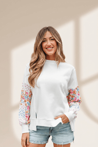 Women's White Patchwork Floral Sweatshirt with High-Low Hem
