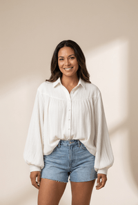 Women's White Plisse Balloon Sleeve Button-Down Blouse