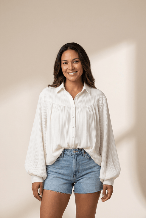 Women's White Plisse Balloon Sleeve Button-Down Blouse