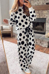 Women's White Polka Dot Long Sleeve Top with Drawstring Relaxed Pants Set