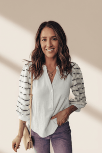 Women's White Rib-Knit Henley Blouse with Striped Textured Sleeves