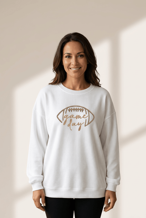 Women's White Ribbed Game Day Embroidered Sweatshirt