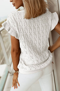 White Ruffle Short Sleeves Cable Knit Textured Top