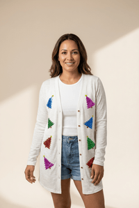 Women's White Sequin Christmas Tree Cardigan with Button Front