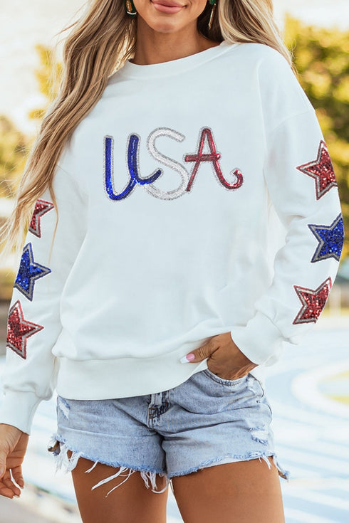 Women's White Sequin USA Star Patch Relaxed Fit Sweatshirt - Stylish, Comfy Casual Top for Effortless Everyday Fashion