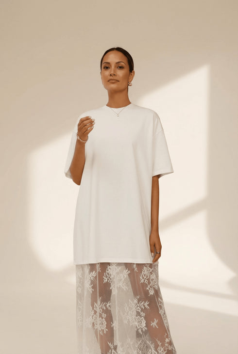 Women's White T-Shirt Maxi Dress with Floral Lace Overlay