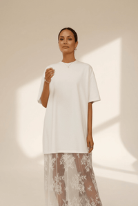 Women's White T-Shirt Maxi Dress with Floral Lace Overlay