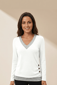 
Women's White V-Neck Colorblock Top with Ruched Button Detail
