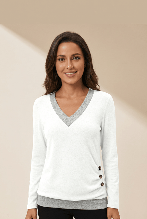 Women's White V-Neck Colorblock Top with Ruched Button Detail