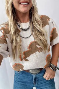 Women's White Western Horse Print Puff Sleeve Sweater - Cute Casual Fit for Stylish Cowgirls