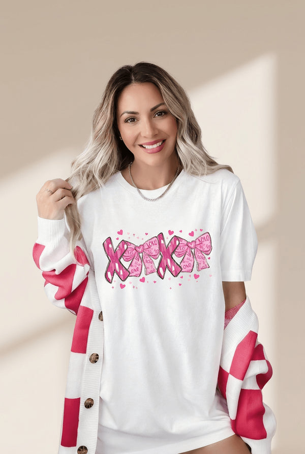 Women's White XOXO Bow Graphic Tee: Relaxed Cotton-Blend Top