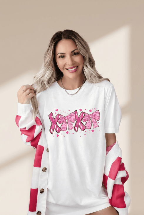 Women's White XOXO Bow Graphic Tee: Relaxed Cotton-Blend Top