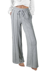 Gray Seamed Drawstring High Waist Wide Leg Sweatpants