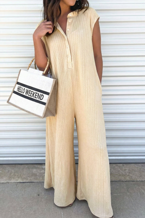 Women's Jet Stream Wide Leg Ribbed Knit Jumpsuit with Half-Button Bodice