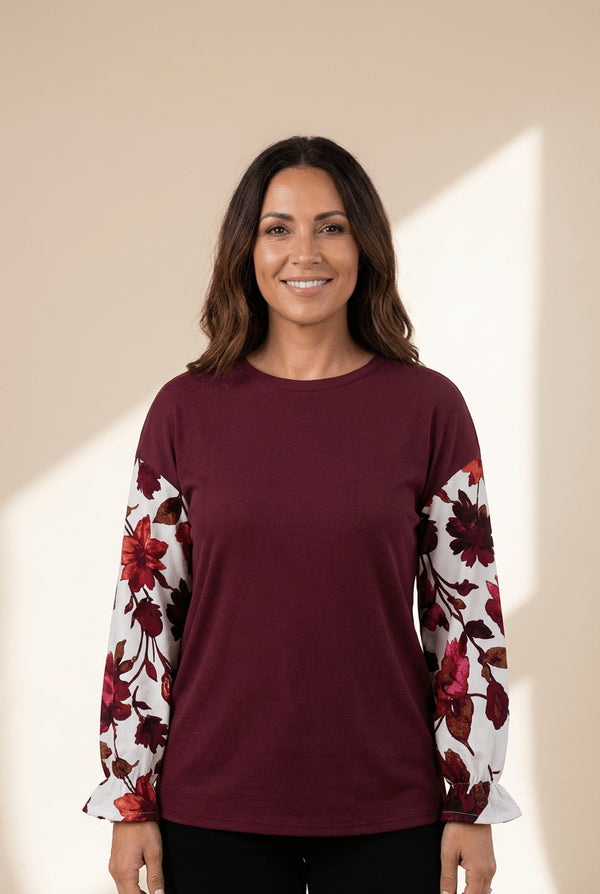 Women's Wild Ginger Floral Sleeve Ribbed Top with Ruffle Cuffs