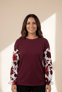Women's Wild Ginger Floral Sleeve Ribbed Top with Ruffle Cuffs