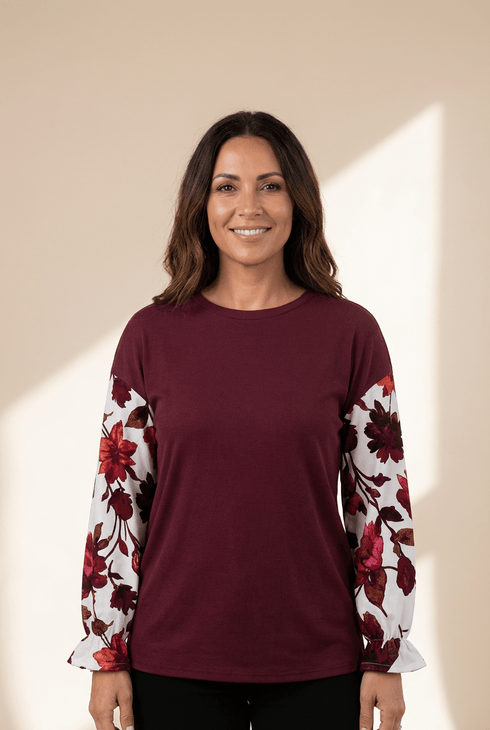 Women's Wild Ginger Floral Sleeve Ribbed Top with Ruffle Cuffs