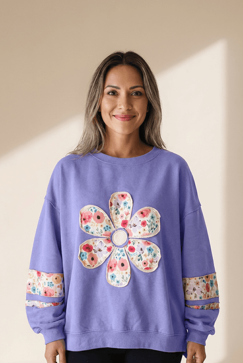 Women's Wisteria Floral Applique Relaxed Pullover Sweatshirt
