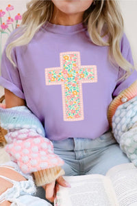 Women's Wisteria Floral Cross Tee - Casual Easter Top with Short Sleeves, Comfortable Fit, Perfect for Spring Outings