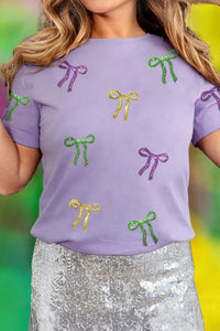 Women's Wisteria Sequin Bow Mardi Gras Crew Neck T-Shirt