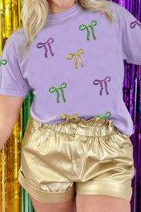 Wisteria Mardi Gras Sequin Bow Crew Neck T Shirt