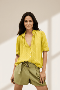 Women's Yellow Metallic Jacquard Short Sleeve Button Blouse