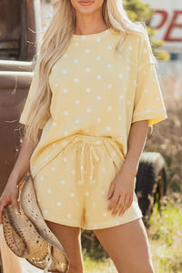 Women's Yellow Polka Dot Loose Fit Tee and Drawstring Shorts Set with Exposed Seams for Trendy Summer Casual Wear