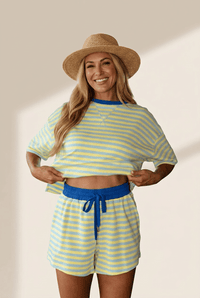 
Women's Yellow Striped French Terry Boxy Short Set with Drop Shoulders