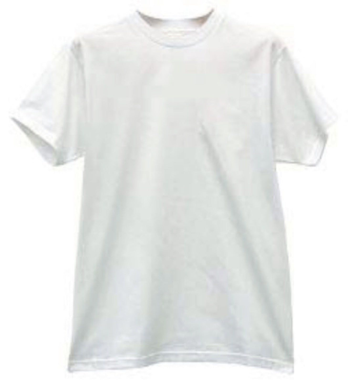 White crew-neck T-shirt showing round ribbed neckline finish.