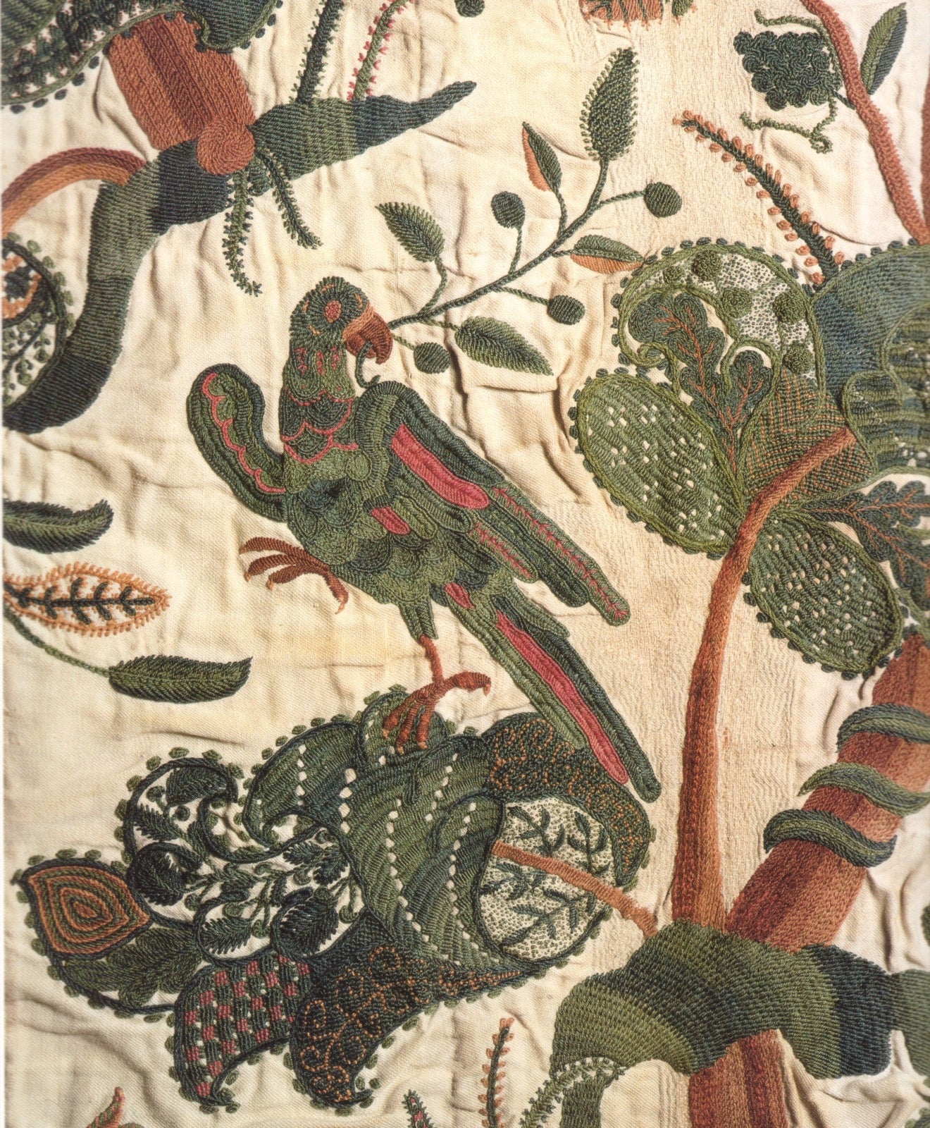 Crewel wool embroidery tree-of-life curtain circa 1696 England.