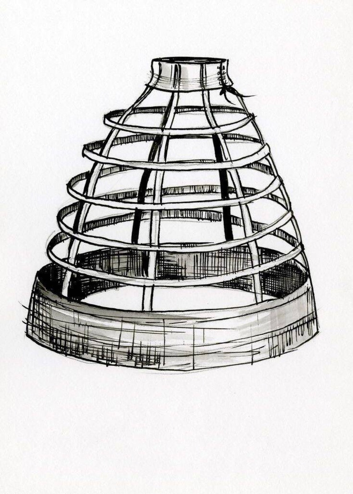 Crinoline cage supporting full skirt silhouette on formal dress.