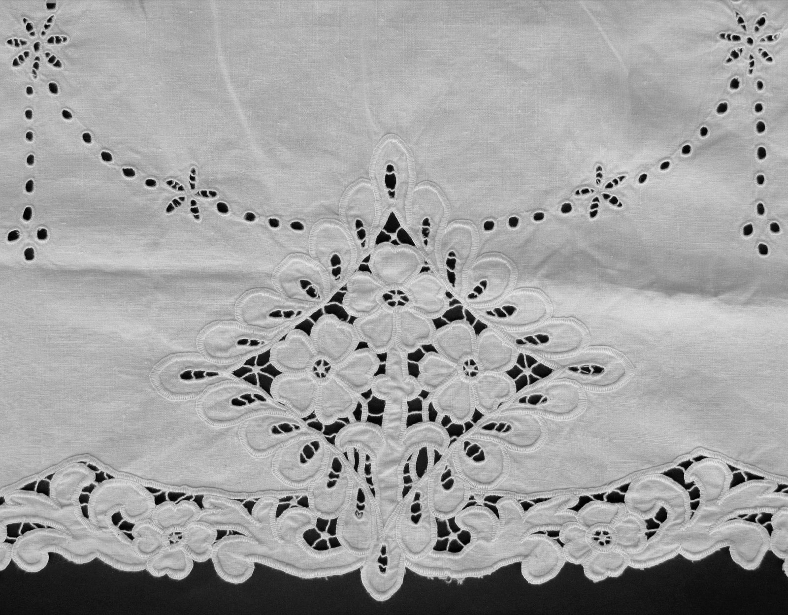 Richelieu cutwork openwork embroidery with stitched border and removed ground.